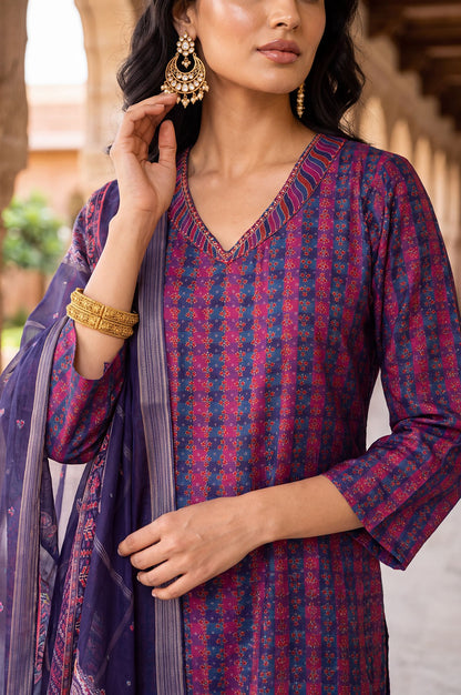 Navy Blue Striped Crepe Straight Kurta with Straight Pants and Dupatta Set