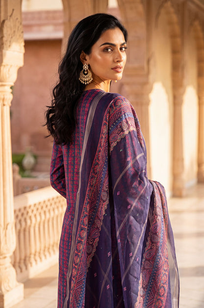 Navy Blue Striped Crepe Straight Kurta with Straight Pants and Dupatta Set