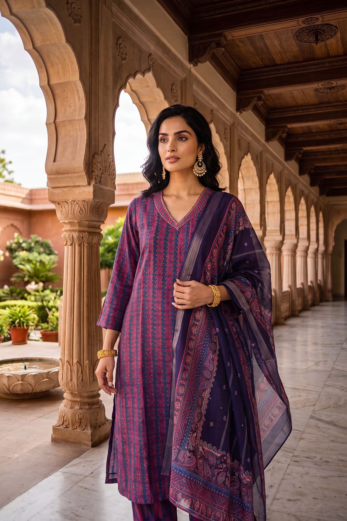 Navy Blue Striped Crepe Straight Kurta with Straight Pants and Dupatta Set