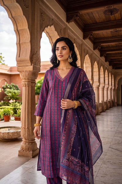 Navy Blue Striped Crepe Straight Kurta with Straight Pants and Dupatta Set