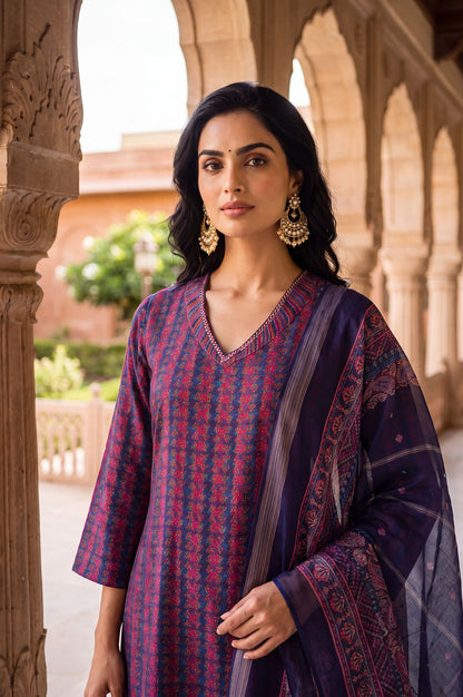 Navy Blue Striped Crepe Straight Kurta with Straight Pants and Dupatta Set