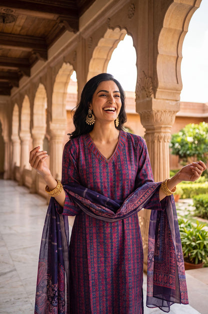 Navy Blue Striped Crepe Straight Kurta with Straight Pants and Dupatta Set