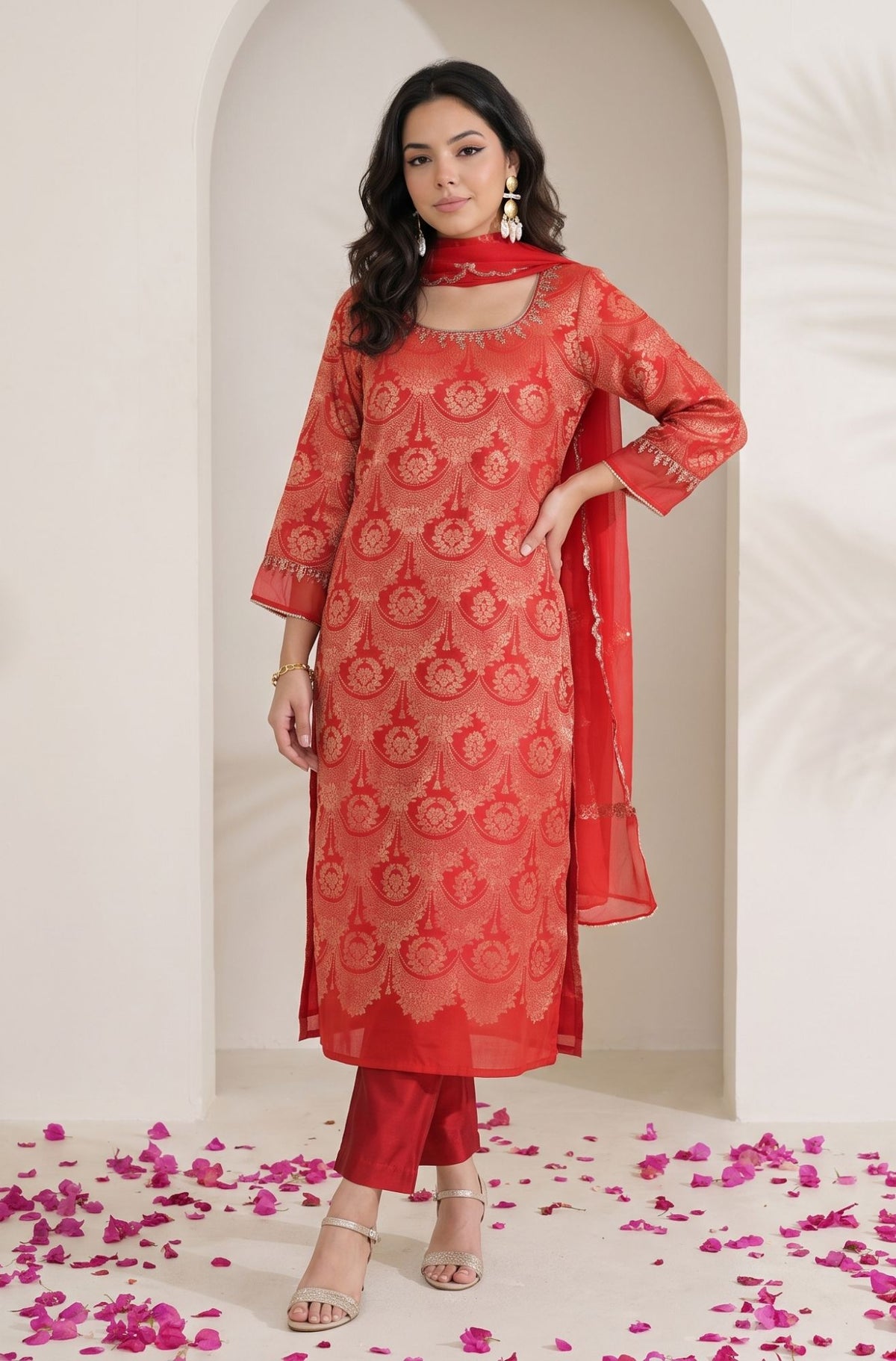 Red Zari Embroidered Jacquard Straight Kurta with Pants and Dupatta Set