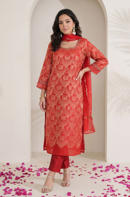 Red Zari Embroidered Jacquard Straight Kurta with Pants and Dupatta Set