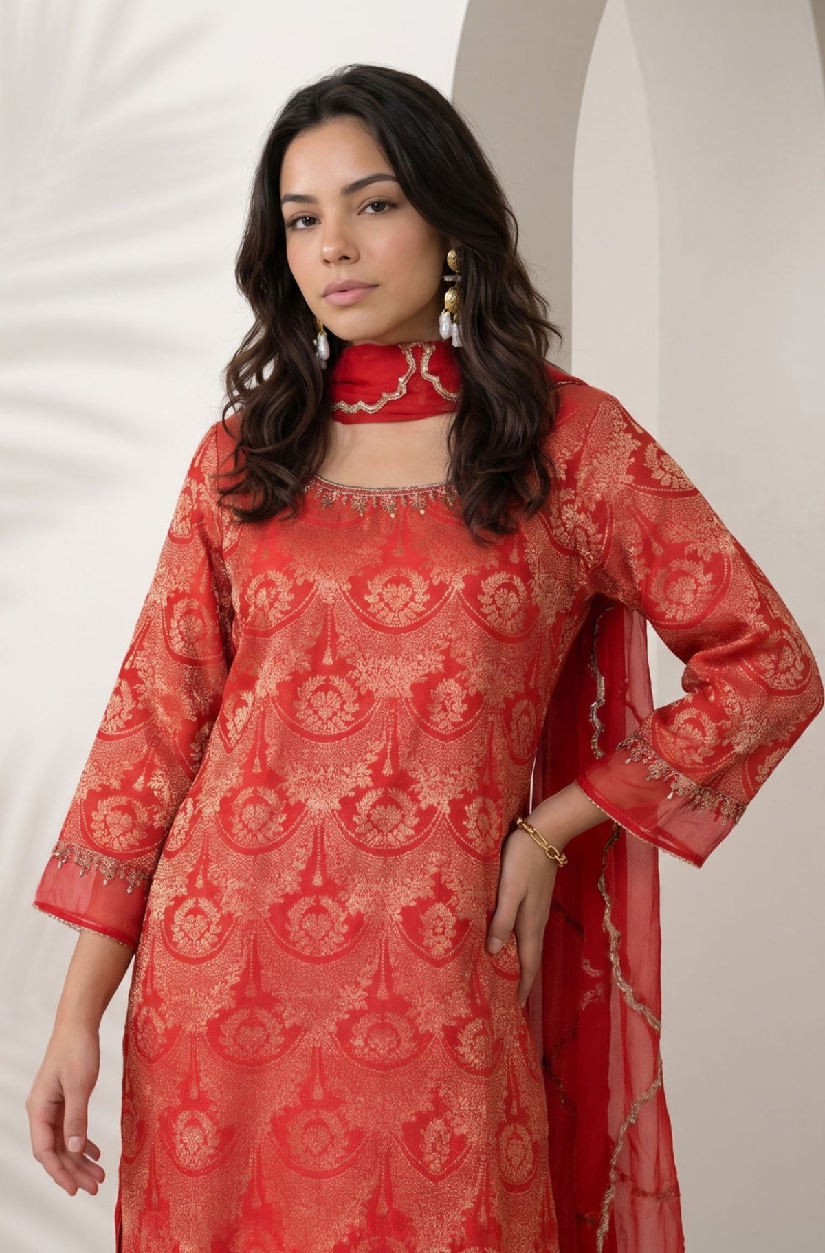 Red Zari Embroidered Jacquard Straight Kurta with Pants and Dupatta Set