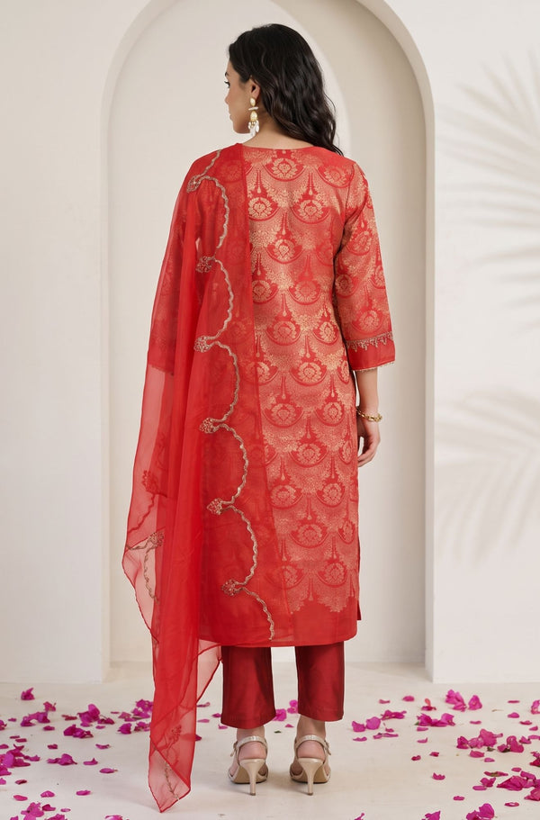Red Zari Embroidered Jacquard Straight Kurta with Pants and Dupatta Set