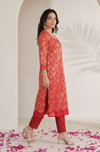 Red Zari Embroidered Jacquard Straight Kurta with Pants and Dupatta Set