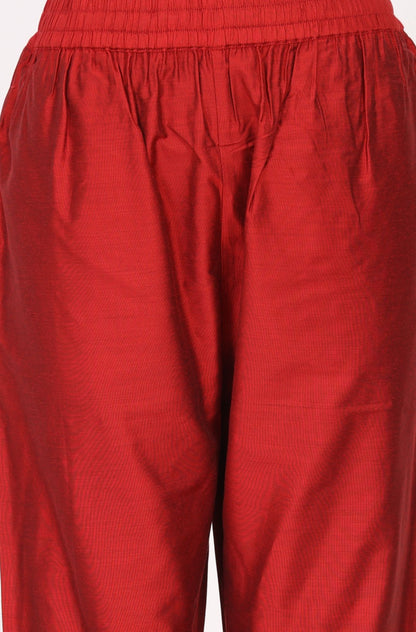 Red Zari Embroidered Jacquard Straight Kurta with Pants and Dupatta Set