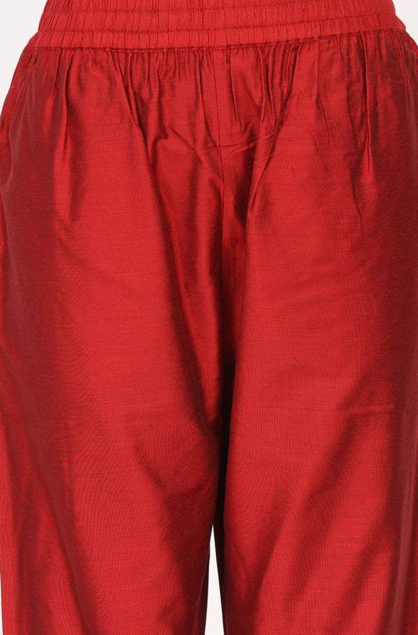 Red Zari Embroidered Jacquard Straight Kurta with Pants and Dupatta Set