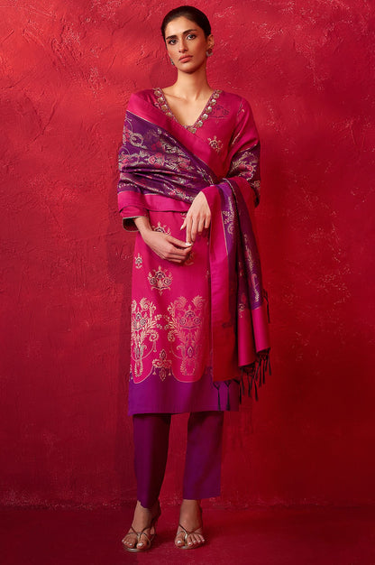 Magenta Sequins Yarn Dyed Jacquard Straight Kurta with Pants and Dupatta Set