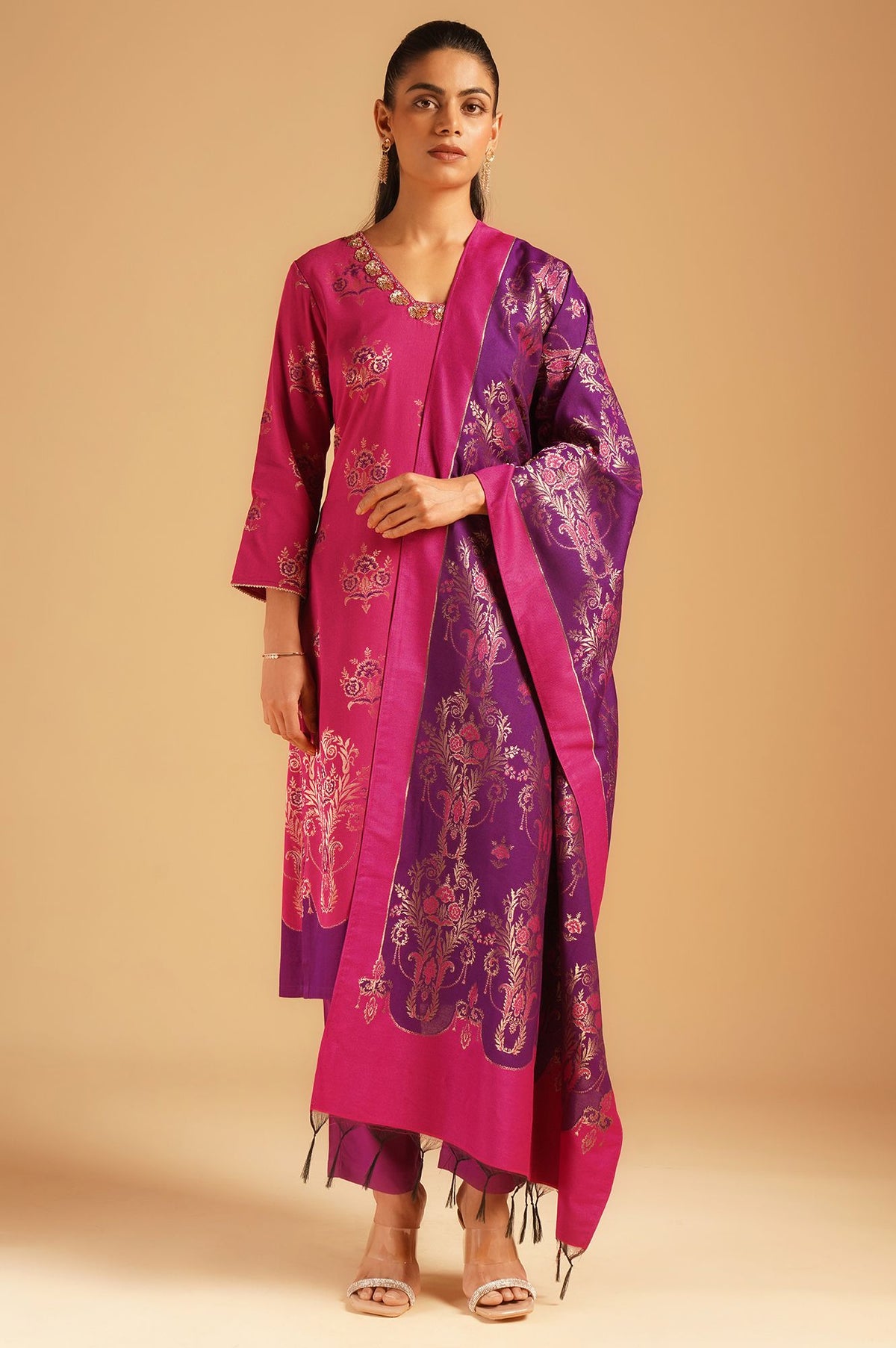 Magenta Sequins Yarn Dyed Jacquard Straight Kurta with Pants and Dupatta Set