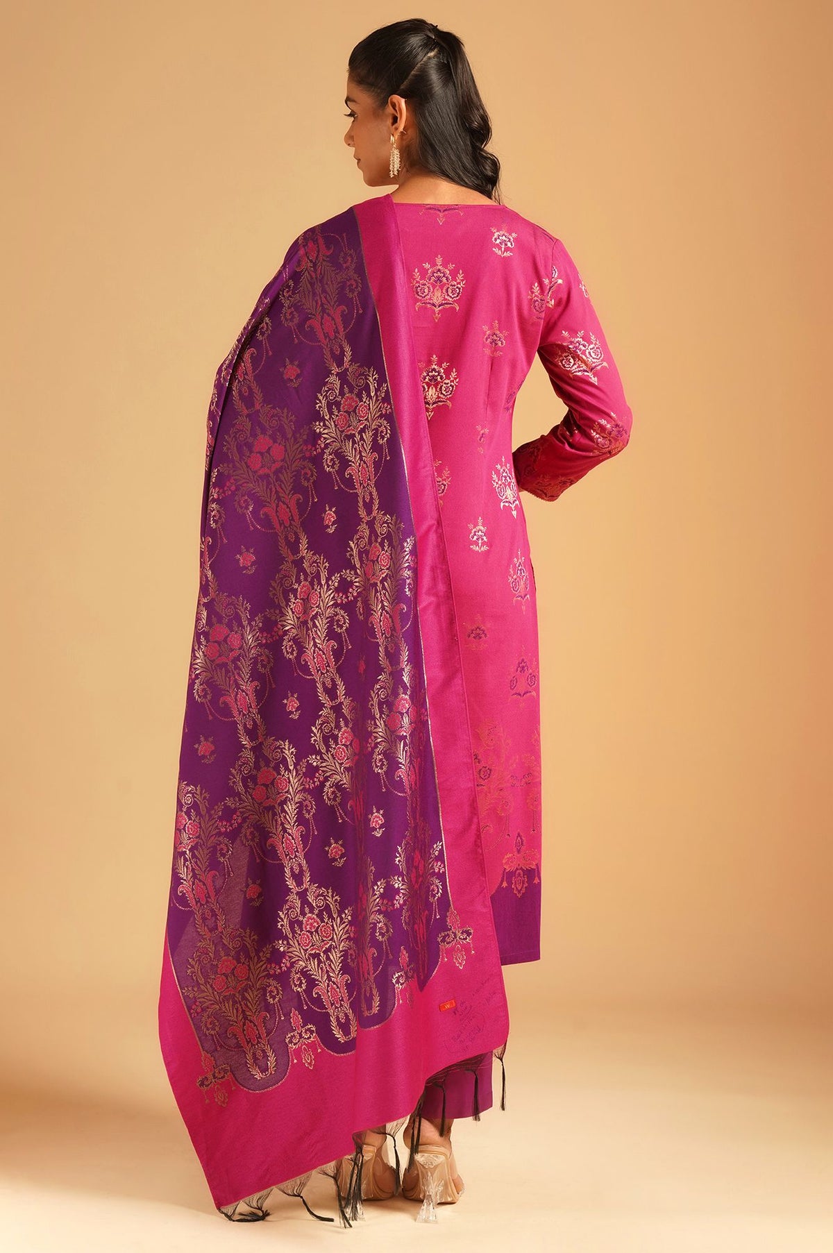 Magenta Sequins Yarn Dyed Jacquard Straight Kurta with Pants and Dupatta Set