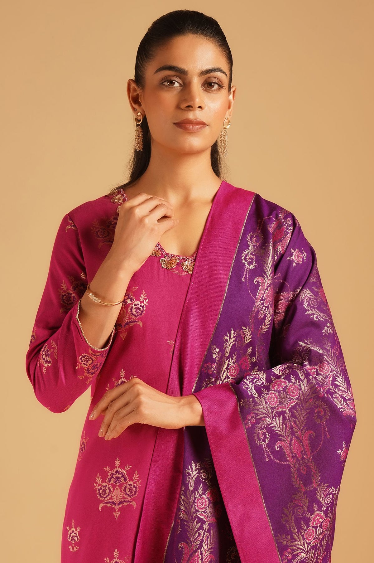 Magenta Sequins Yarn Dyed Jacquard Straight Kurta with Pants and Dupatta Set