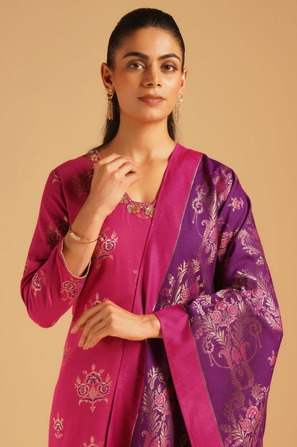 Magenta Sequins Yarn Dyed Jacquard Straight Kurta with Pants and Dupatta Set