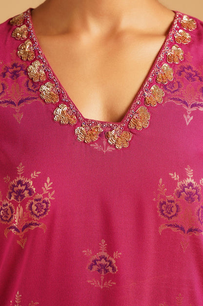 Magenta Sequins Yarn Dyed Jacquard Straight Kurta with Pants and Dupatta Set