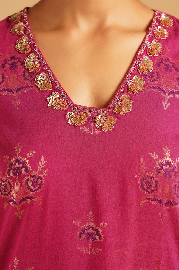 Magenta Sequins Yarn Dyed Jacquard Straight Kurta with Pants and Dupatta Set