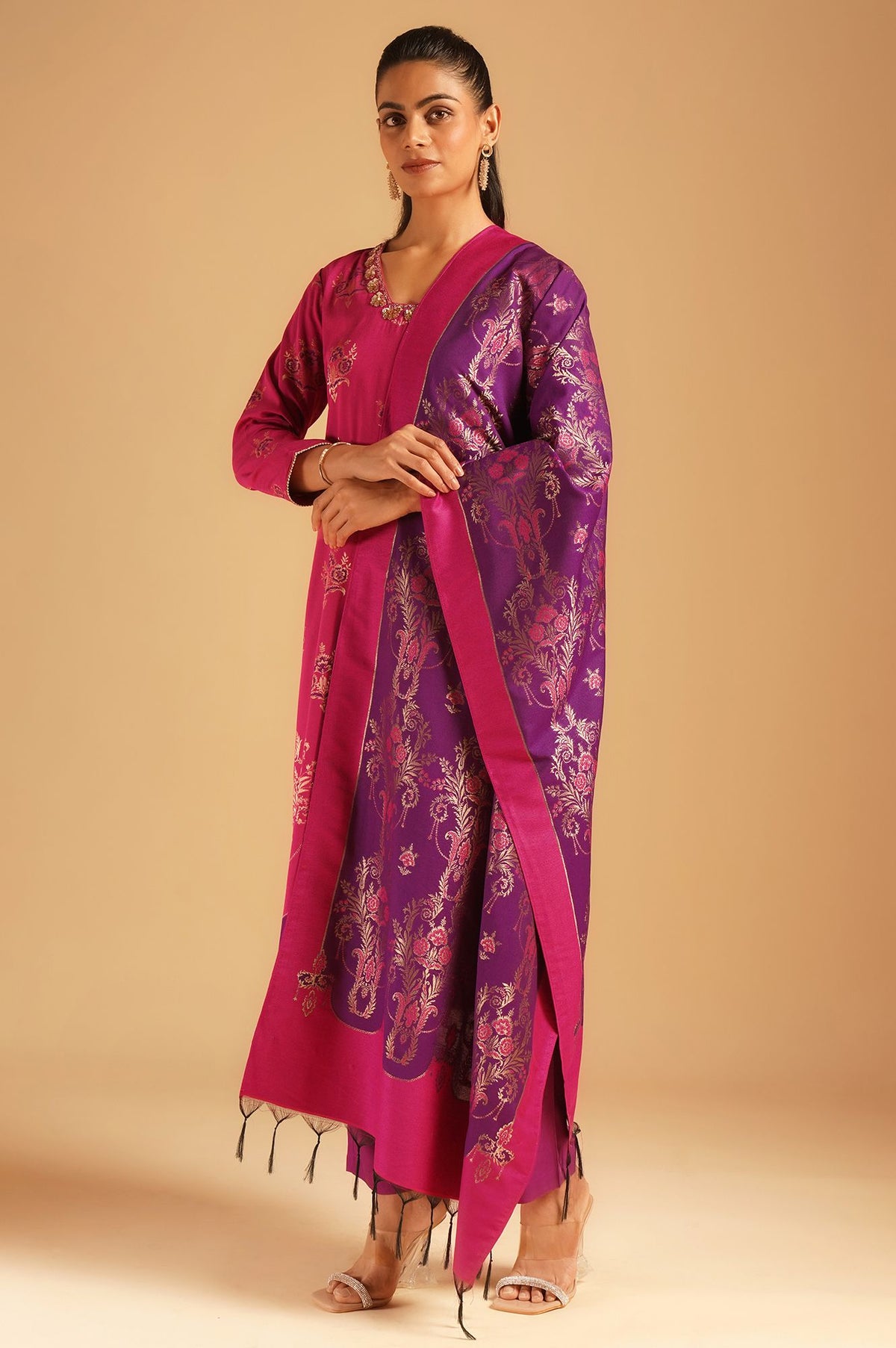 Magenta Sequins Yarn Dyed Jacquard Straight Kurta with Pants and Dupatta Set