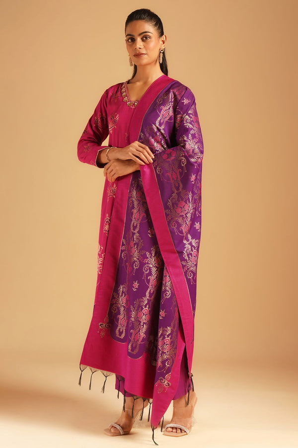 Magenta Sequins Yarn Dyed Jacquard Straight Kurta with Pants and Dupatta Set