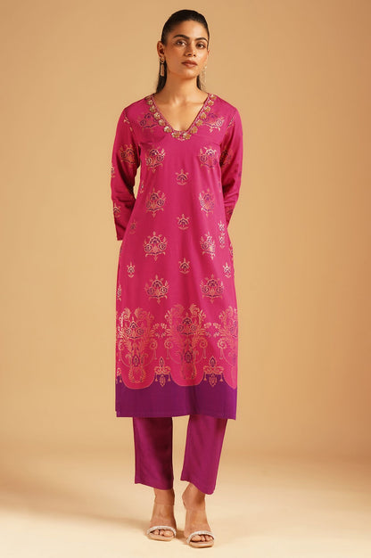 Magenta Sequins Yarn Dyed Jacquard Straight Kurta with Pants and Dupatta Set