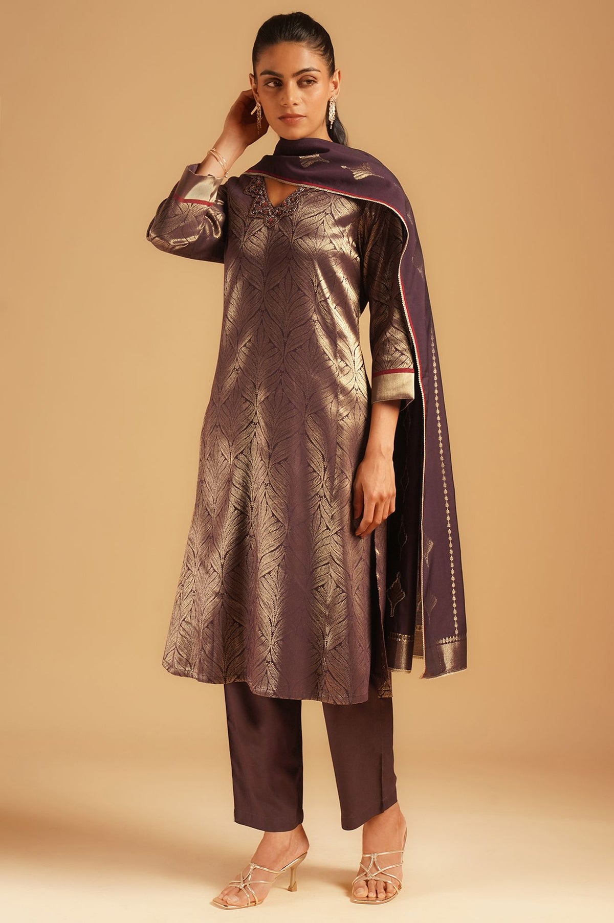 Purple Printed Sequins Jacquard Straight Kurta with Pants and Dupatta Set