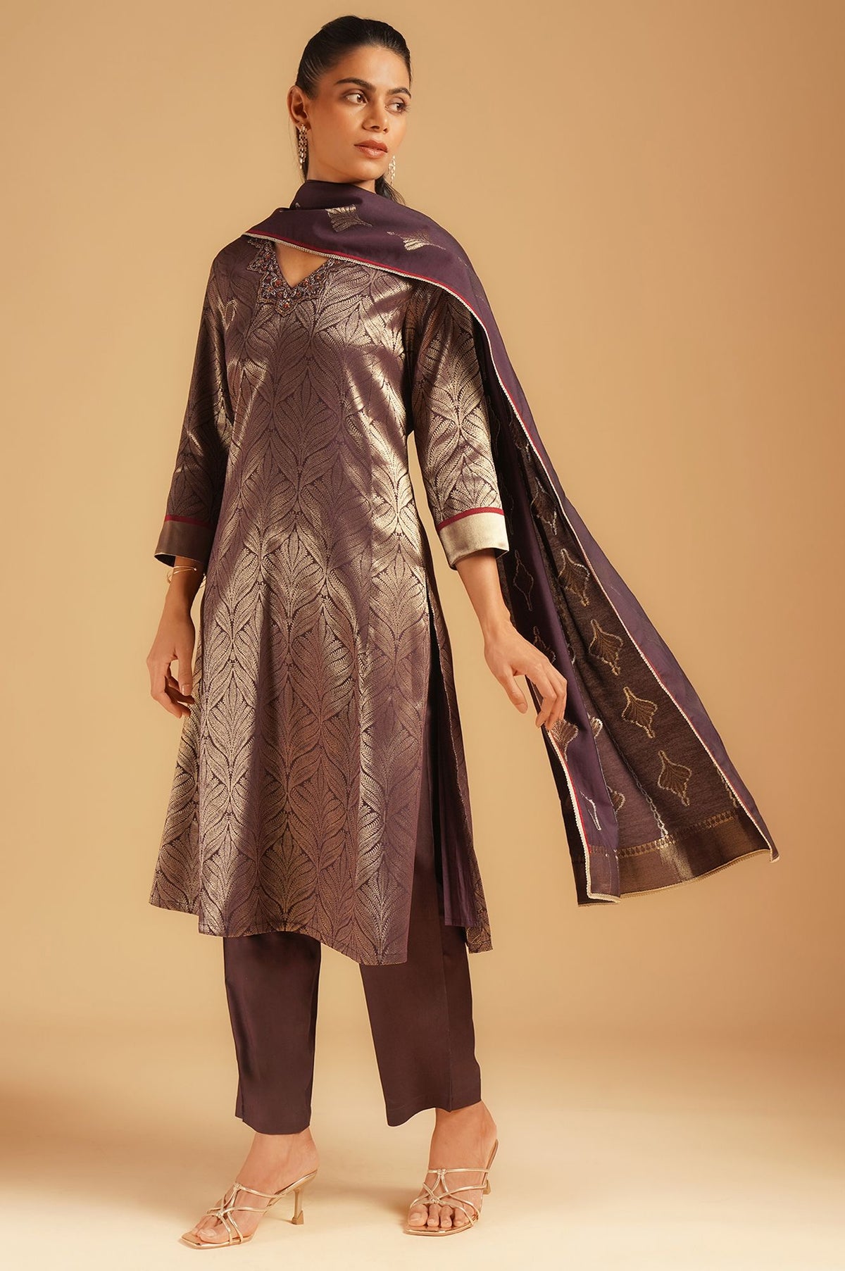 Purple Printed Sequins Jacquard Straight Kurta with Pants and Dupatta Set