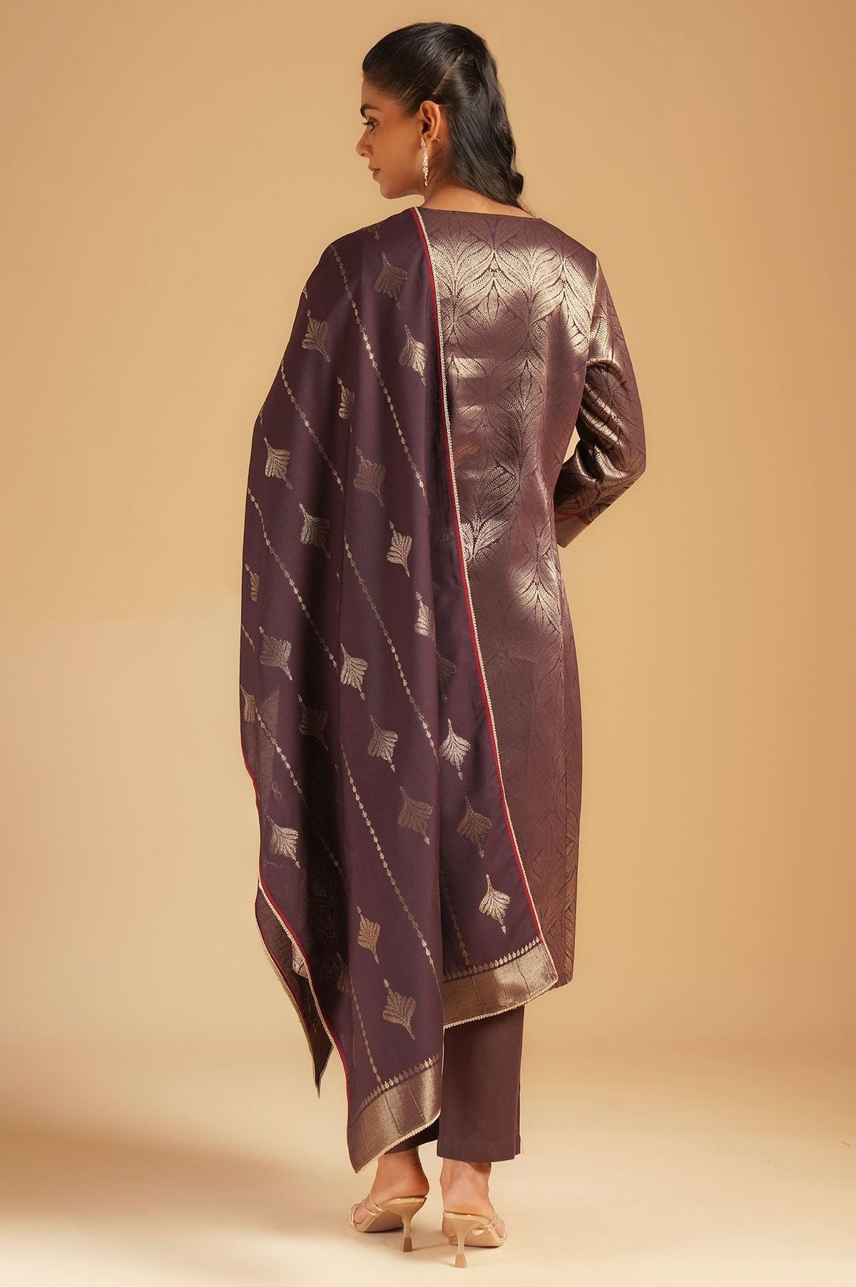 Purple Printed Sequins Jacquard Straight Kurta with Pants and Dupatta Set
