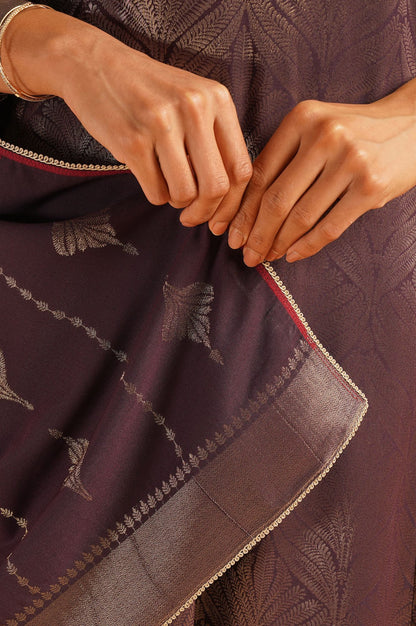 Purple Printed Sequins Jacquard Straight Kurta with Pants and Dupatta Set