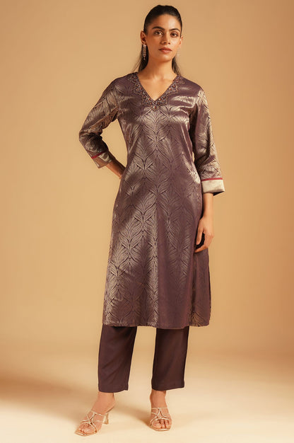 Purple Printed Sequins Jacquard Straight Kurta with Pants and Dupatta Set