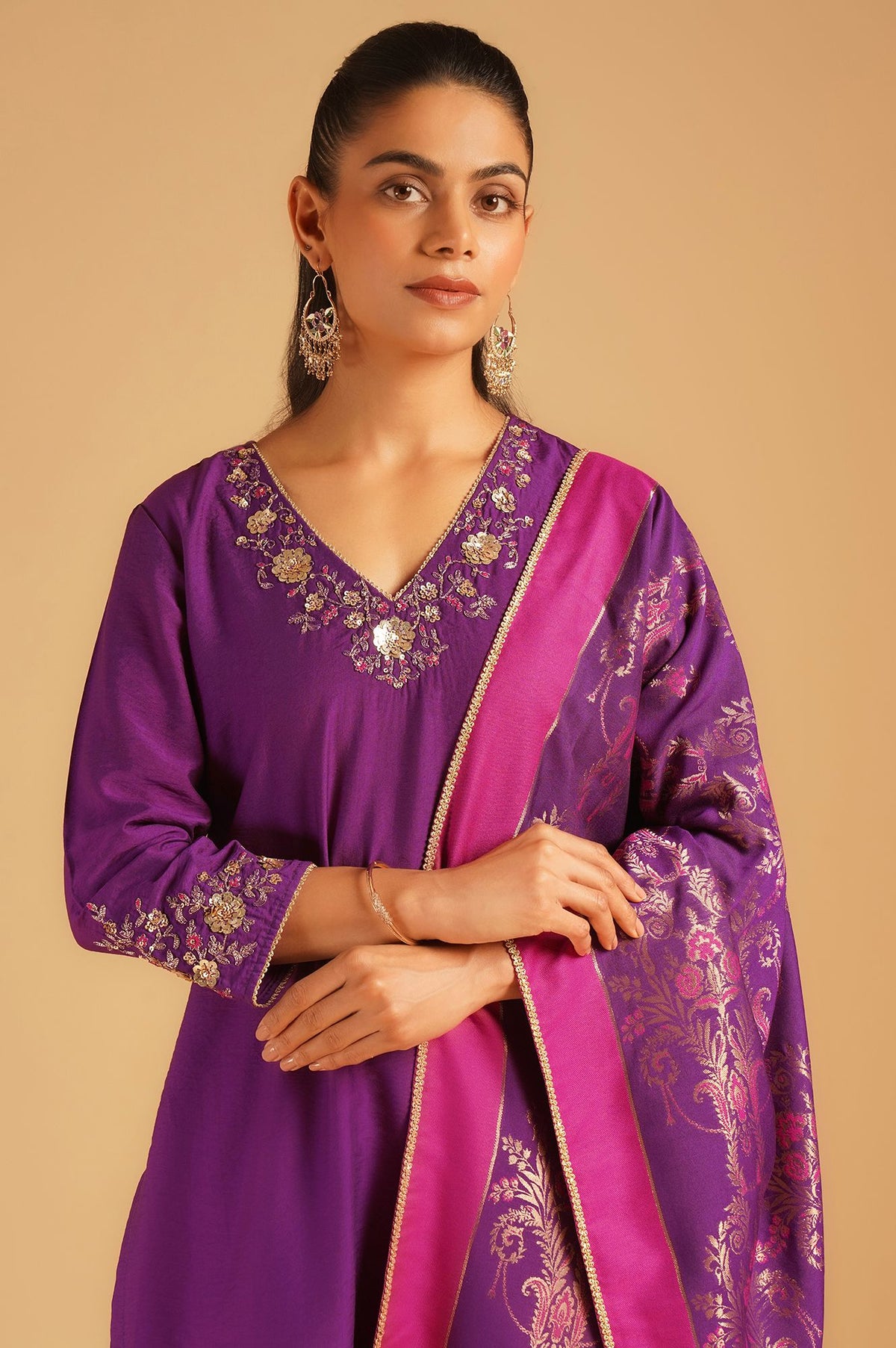 Purple Sequins Embroidered Straight Kurta with Straight Pants and Dupatta Set