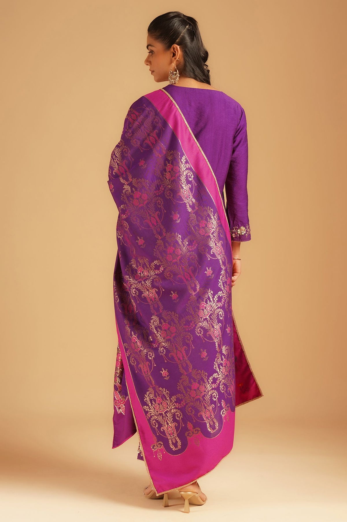 Purple Sequins Embroidered Straight Kurta with Straight Pants and Dupatta Set
