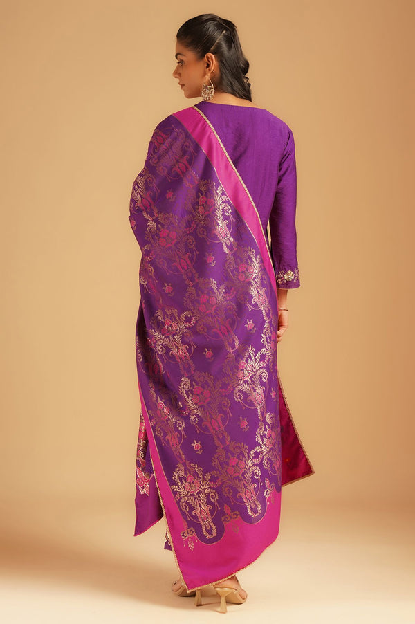 Purple Sequins Embroidered Straight Kurta with Straight Pants and Dupatta Set