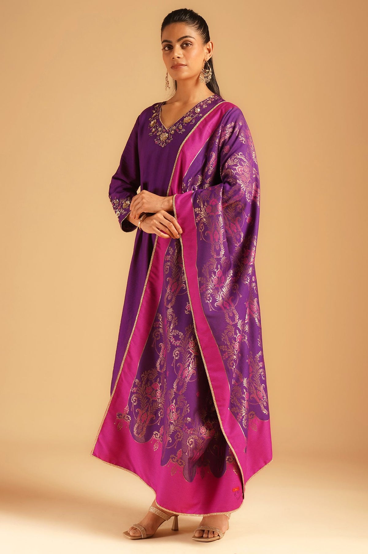 Purple Sequins Embroidered Straight Kurta with Straight Pants and Dupatta Set