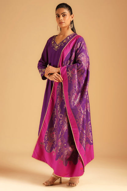 Purple Sequins Embroidered Straight Kurta with Straight Pants and Dupatta Set
