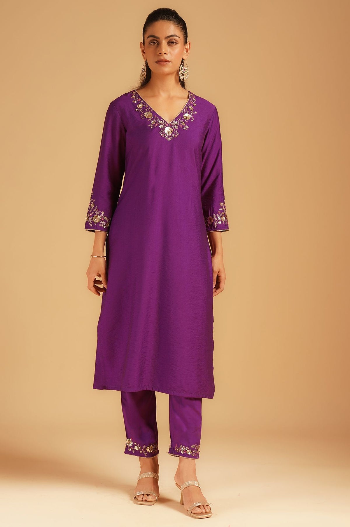 Purple Sequins Embroidered Straight Kurta with Straight Pants and Dupatta Set