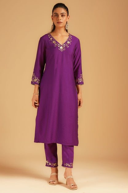 Purple Sequins Embroidered Straight Kurta with Straight Pants and Dupatta Set