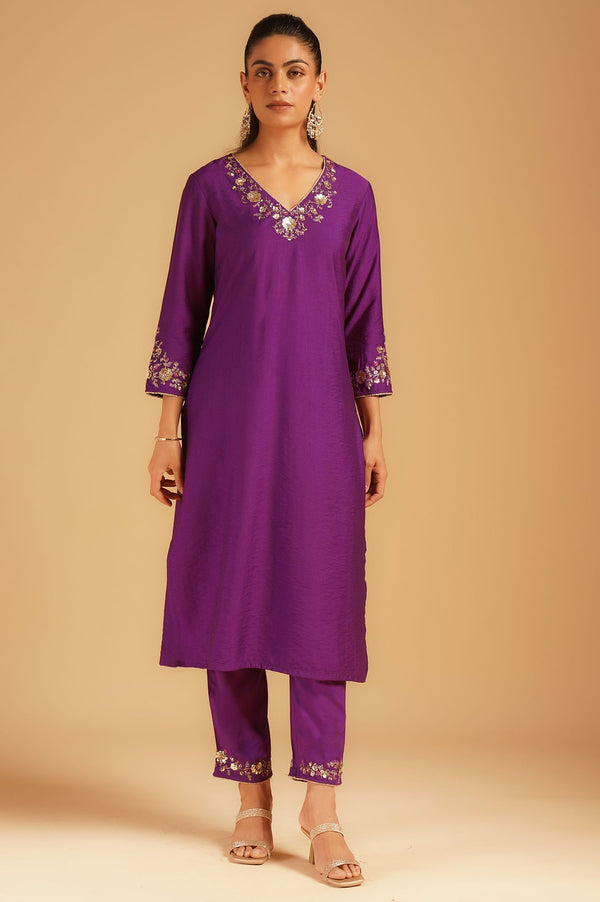 Purple Sequins Embroidered Straight Kurta with Straight Pants and Dupatta Set