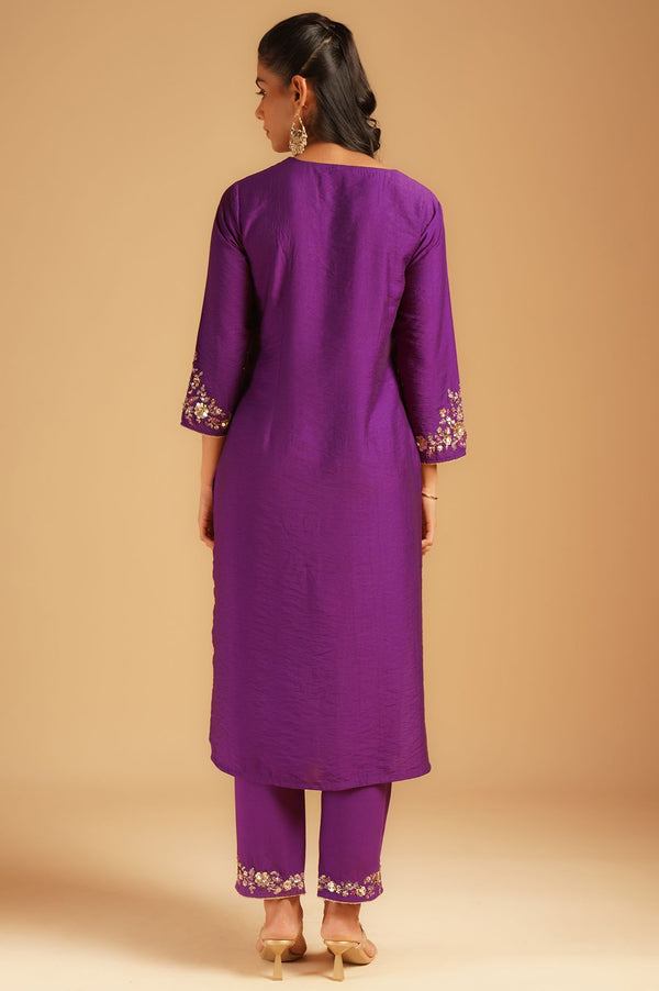 Purple Sequins Embroidered Straight Kurta with Straight Pants and Dupatta Set