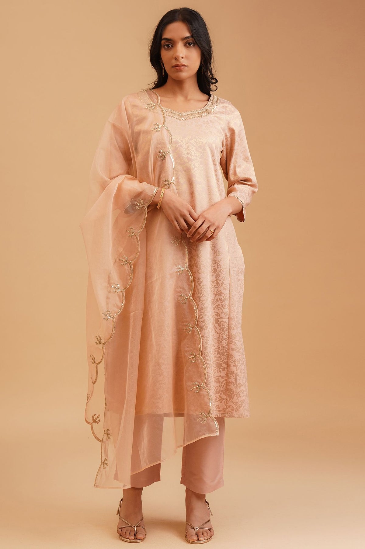 Peach Sequins Yarn Dyed Jacquard Straight Kurta with Straight Pants and Dupatta Set