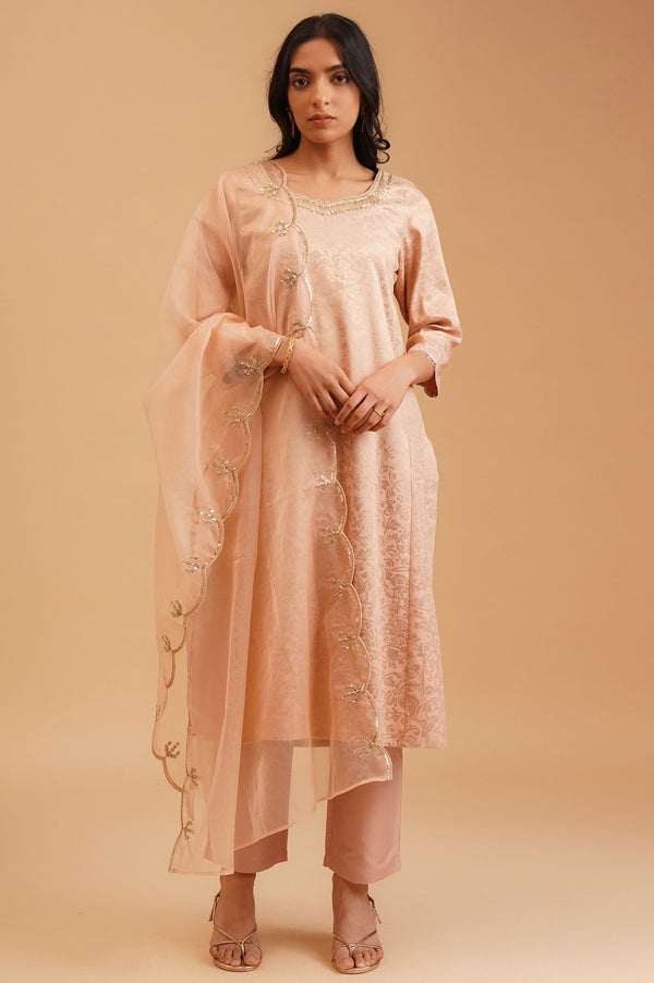Peach Sequins Yarn Dyed Jacquard Straight Kurta with Straight Pants and Dupatta Set