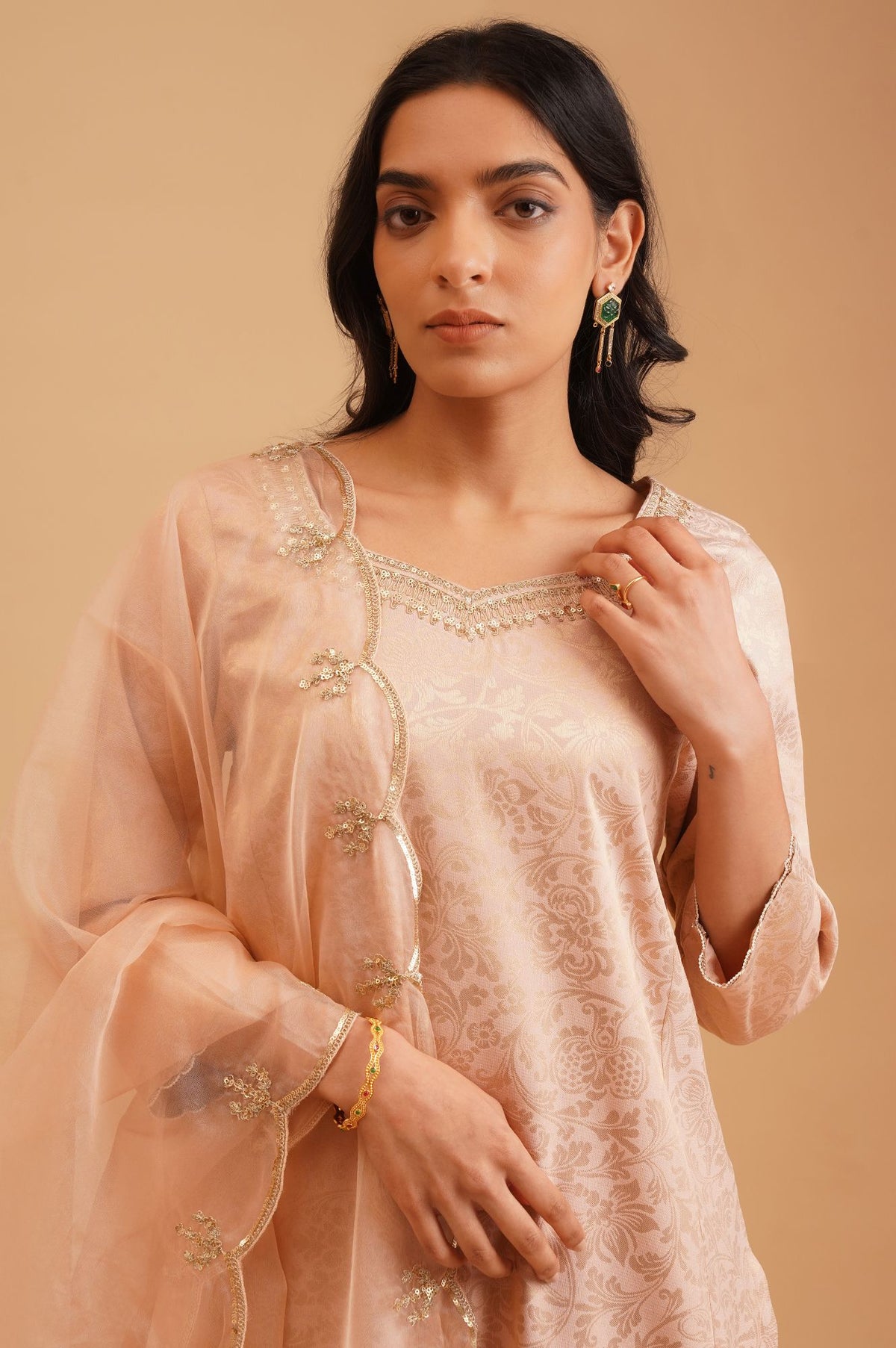 Peach Sequins Yarn Dyed Jacquard Straight Kurta with Straight Pants and Dupatta Set