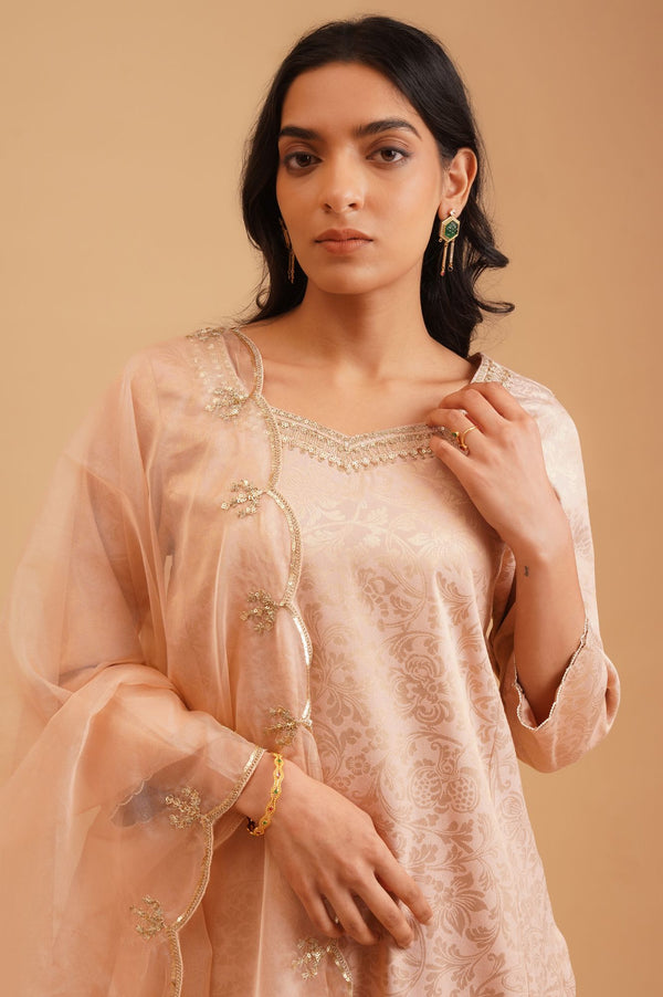 Peach Sequins Yarn Dyed Jacquard Straight Kurta with Straight Pants and Dupatta Set