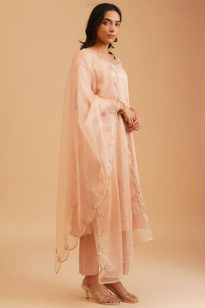 Peach Sequins Yarn Dyed Jacquard Straight Kurta with Straight Pants and Dupatta Set
