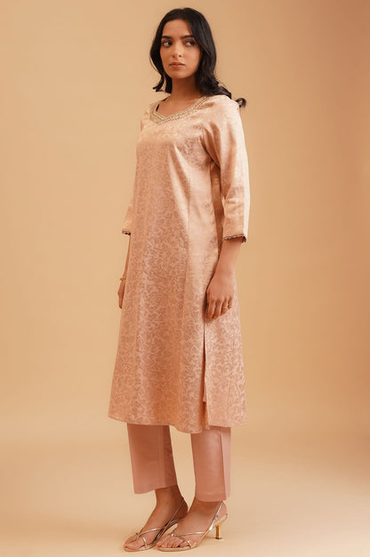 Peach Sequins Yarn Dyed Jacquard Straight Kurta with Straight Pants and Dupatta Set