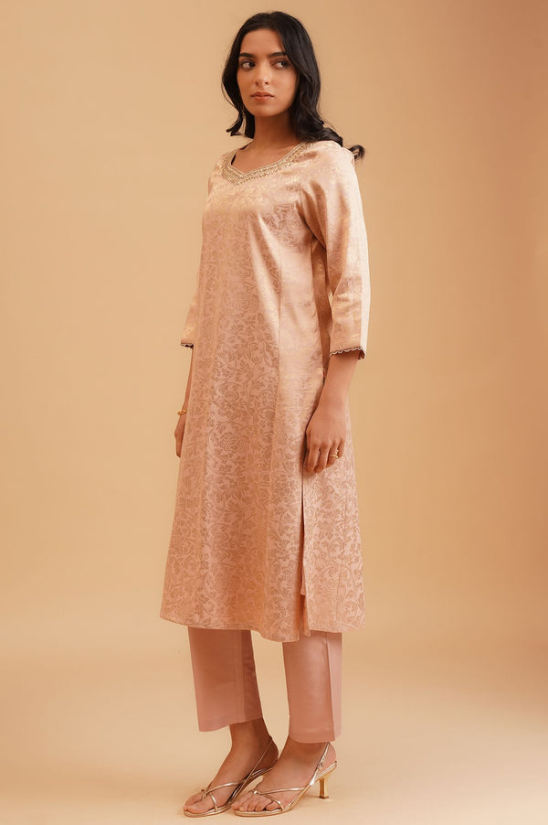 Peach Sequins Yarn Dyed Jacquard Straight Kurta with Straight Pants and Dupatta Set