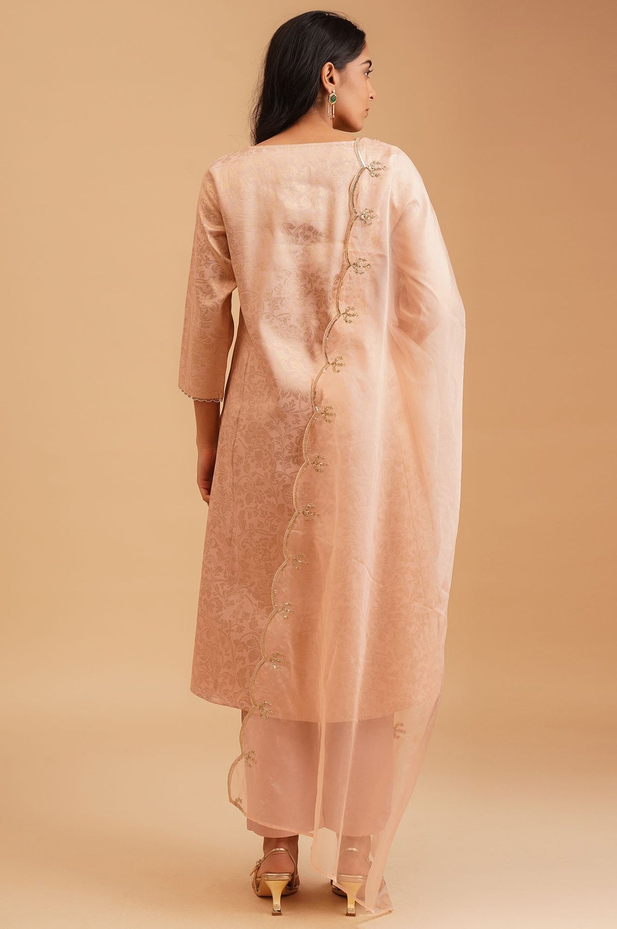 Peach Sequins Yarn Dyed Jacquard Straight Kurta with Straight Pants and Dupatta Set