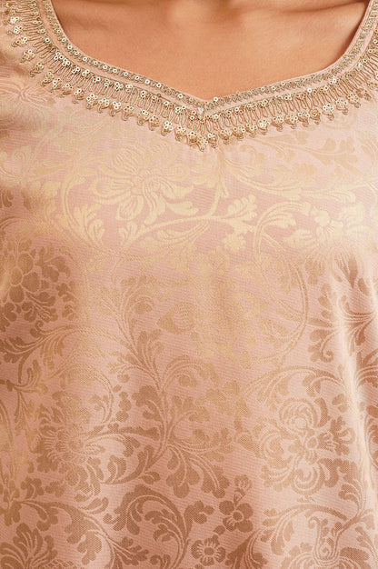 Peach Sequins Yarn Dyed Jacquard Straight Kurta with Straight Pants and Dupatta Set