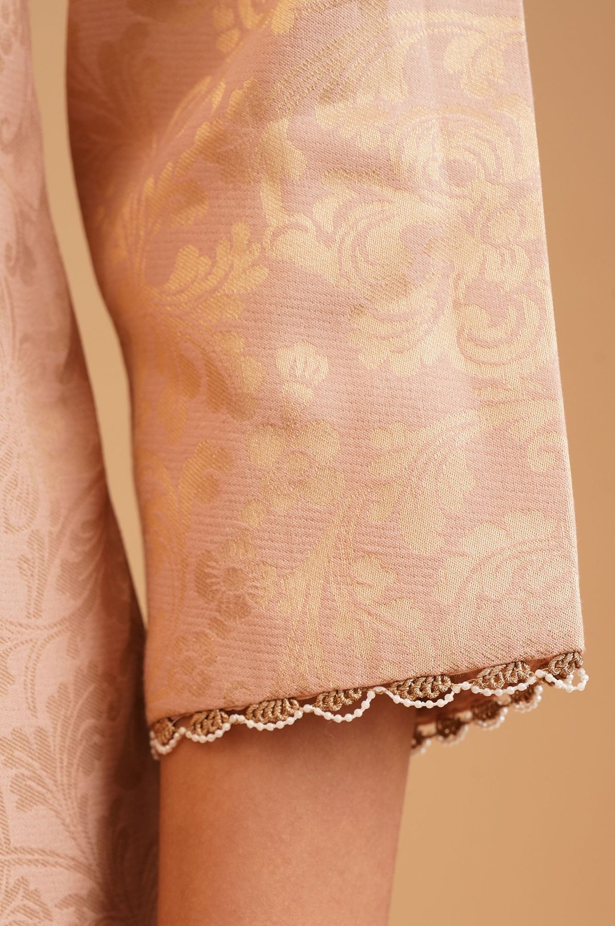 Peach Sequins Yarn Dyed Jacquard Straight Kurta with Straight Pants and Dupatta Set