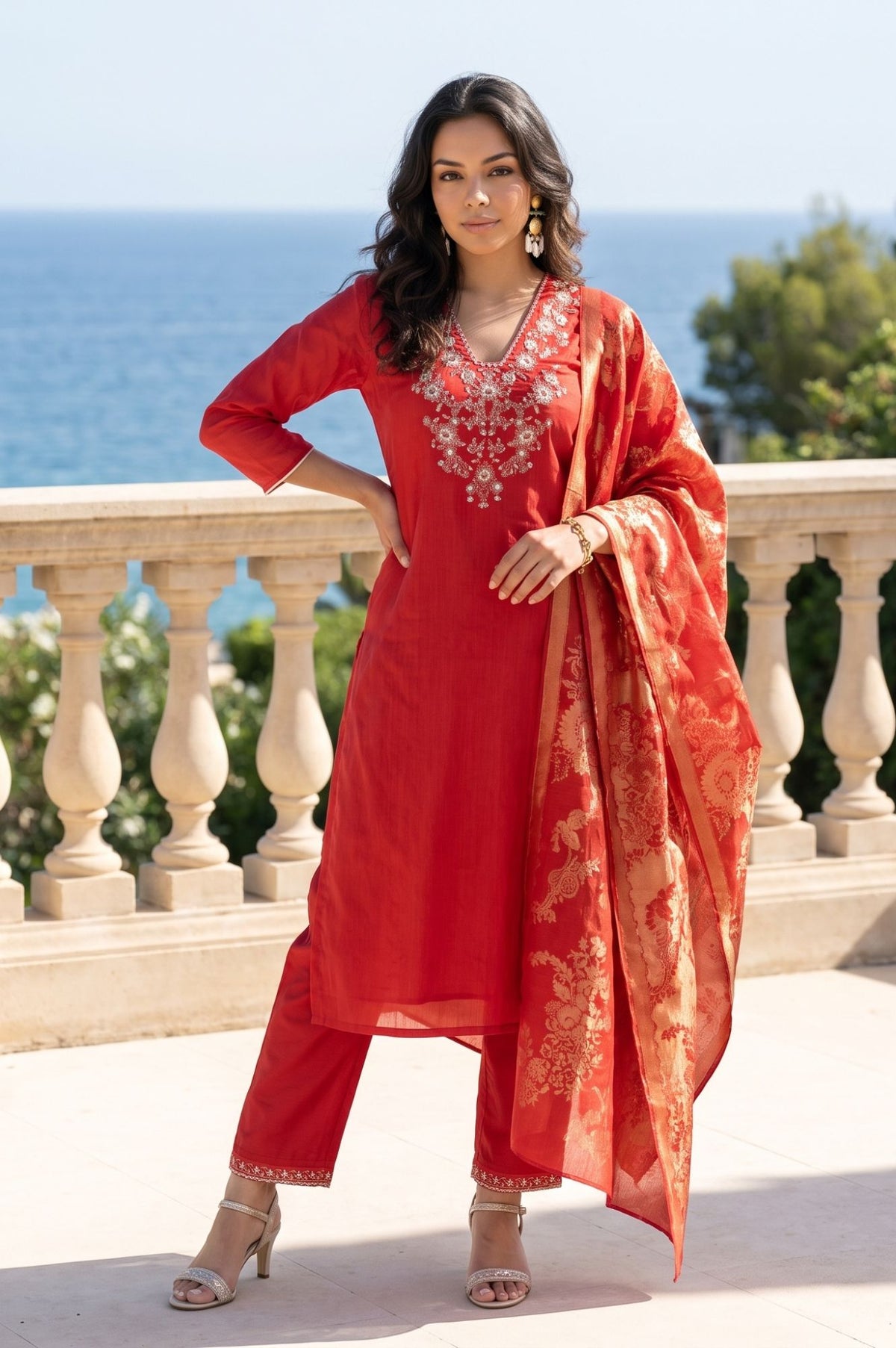 Red Thread Embroidered Chanderi Straight Kurta with Straight Pants and Dupatta Set