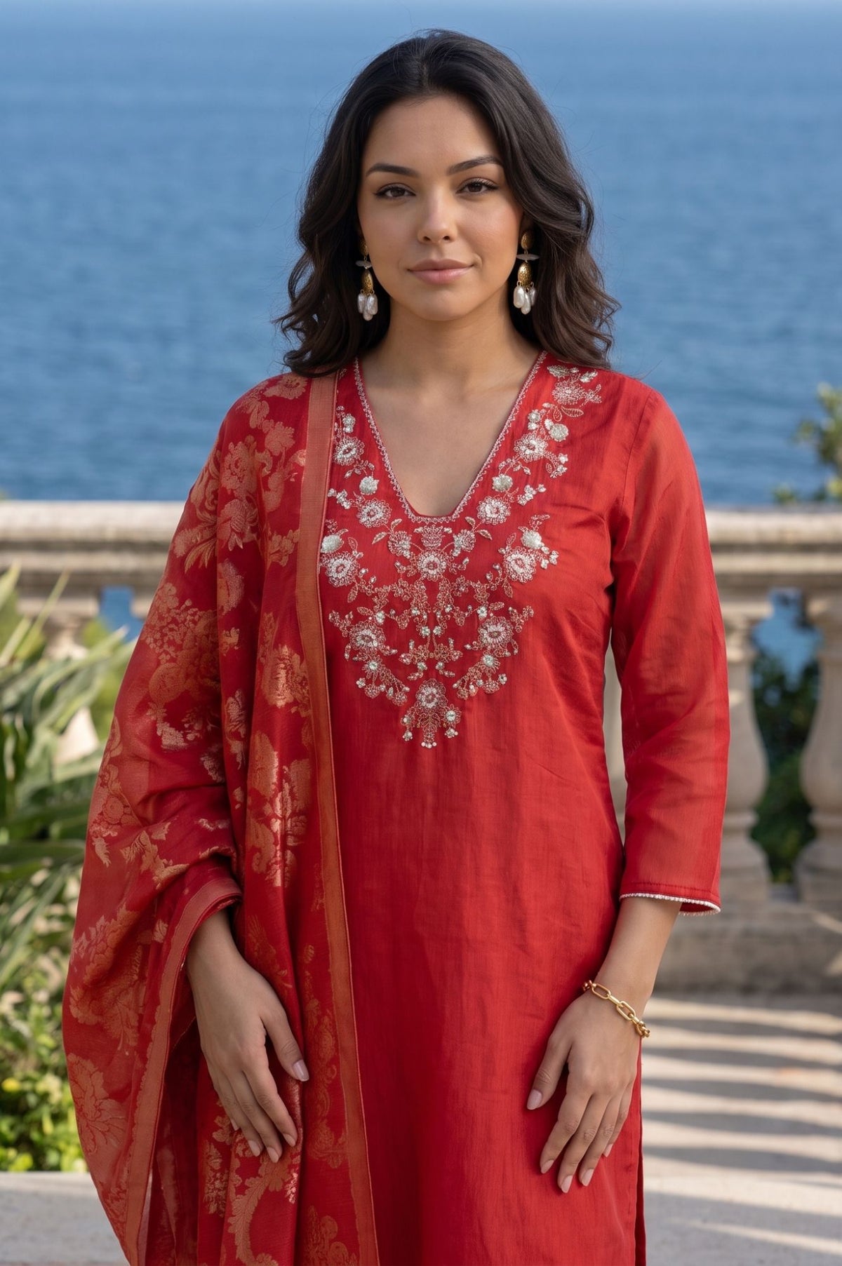 Red Thread Embroidered Chanderi Straight Kurta with Straight Pants and Dupatta Set