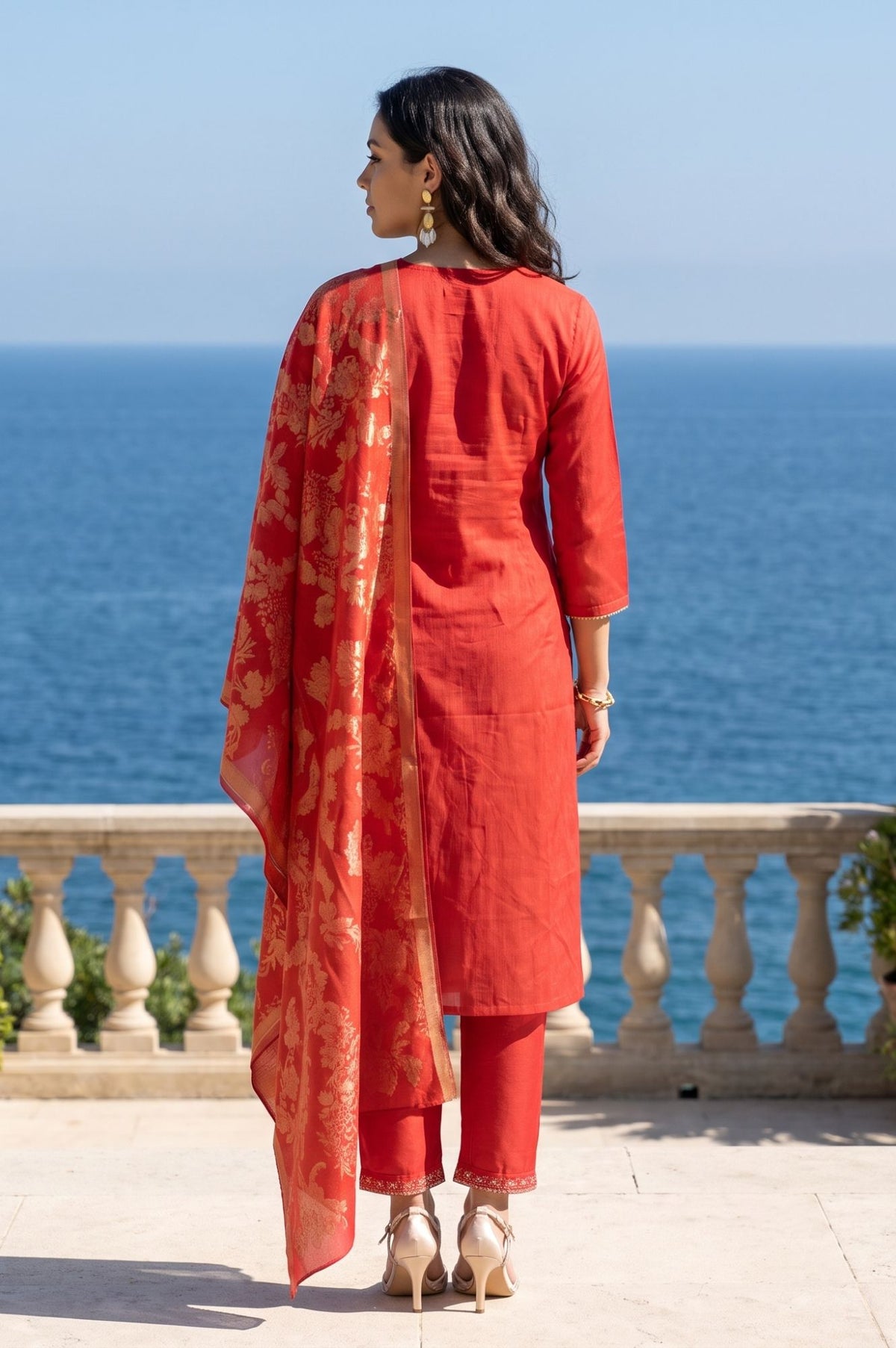 Red Thread Embroidered Chanderi Straight Kurta with Straight Pants and Dupatta Set